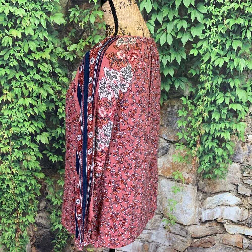 LUCKY BRAND Rust Boho Long Sleeve Contrast Stripe Floral Tassel-Tie Blouse, S - Picture 5 of 11